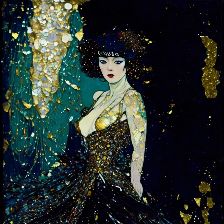 Art Nouveau Style Illustration of Woman in Gold and Black Dress