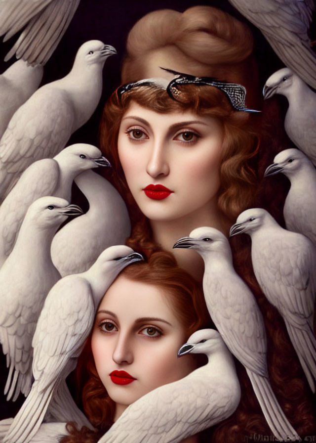 Surreal portrait of woman with snake headband and doves