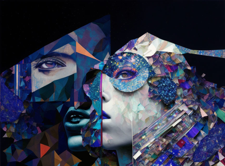 Surreal digital collage of two female faces with geometric shapes and cosmic motifs