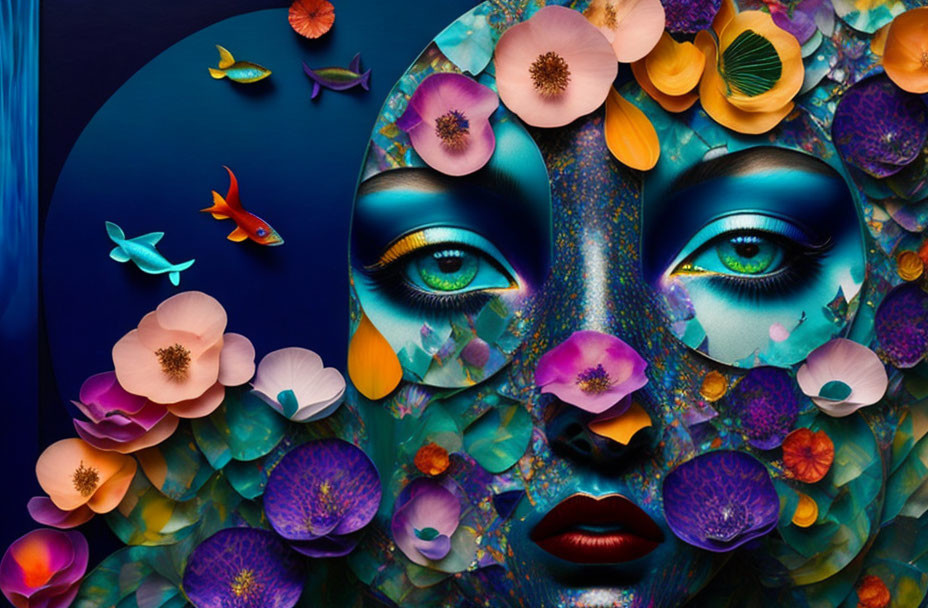 Vibrant floral and fish motifs on face in surreal artwork