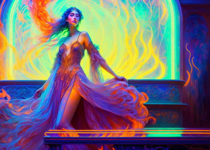 Woman in ornate dress surrounded by vibrant colors and fantasy vibe