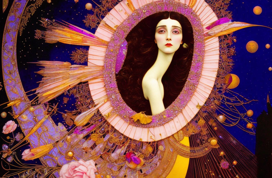 Vibrant surreal illustration of woman in pink oval with cosmic and floral designs