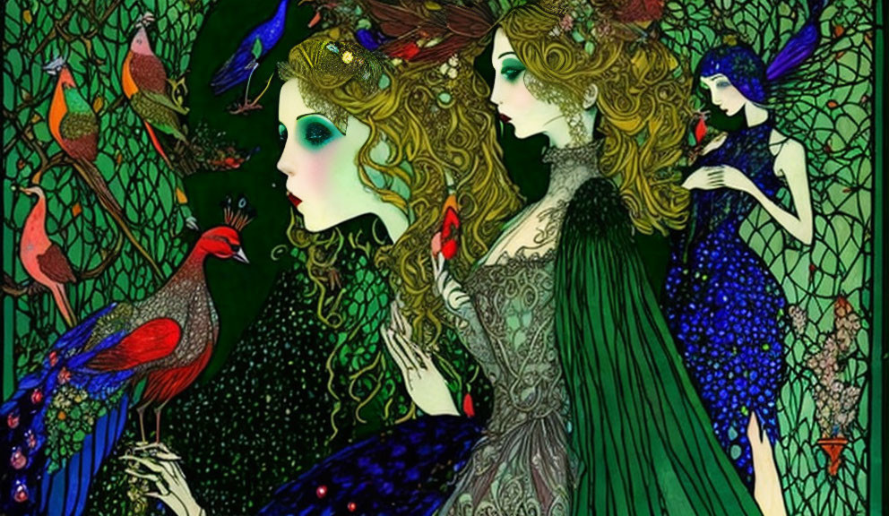 Art Nouveau-style illustration of three women with peacocks and floral patterns