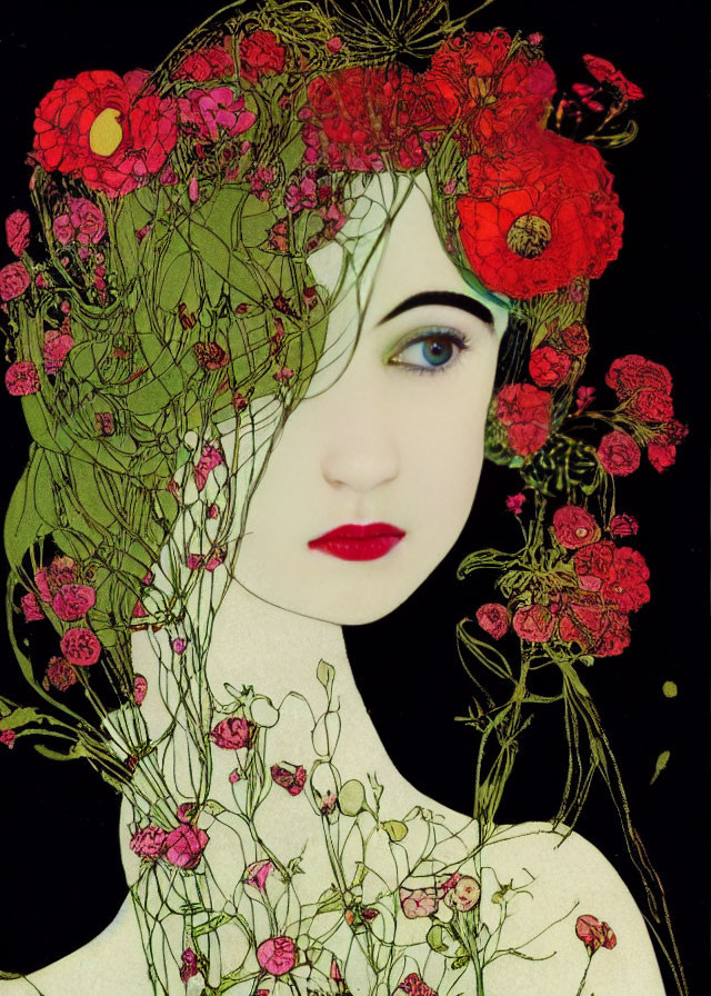 Illustrated female figure with red flowers and greenery in hair on black background in Art Nouveau style