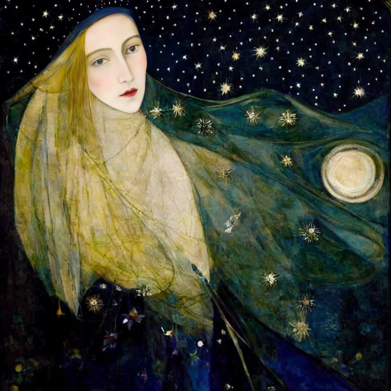 Surrealist painting of woman in golden attire under crescent moon