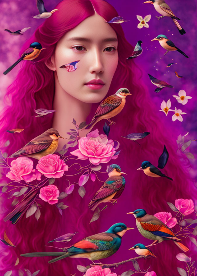 Vibrant purple hair woman with birds and flowers on pink background