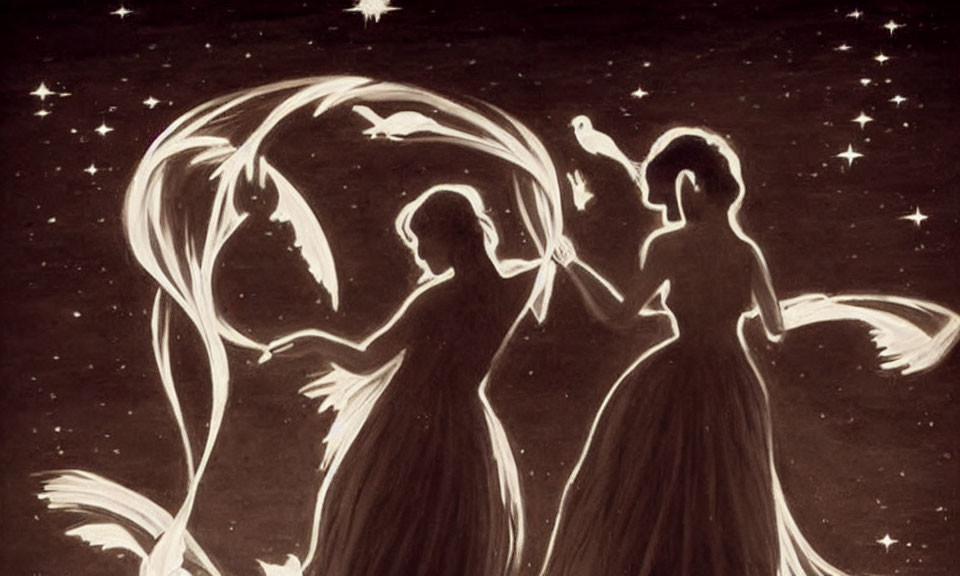 Silhouetted figures dance with scarves under starry sky