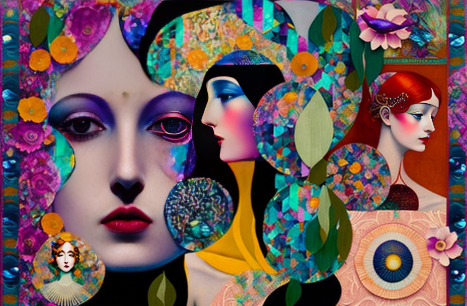 Colorful digital collage of three stylized female faces with floral and geometric patterns