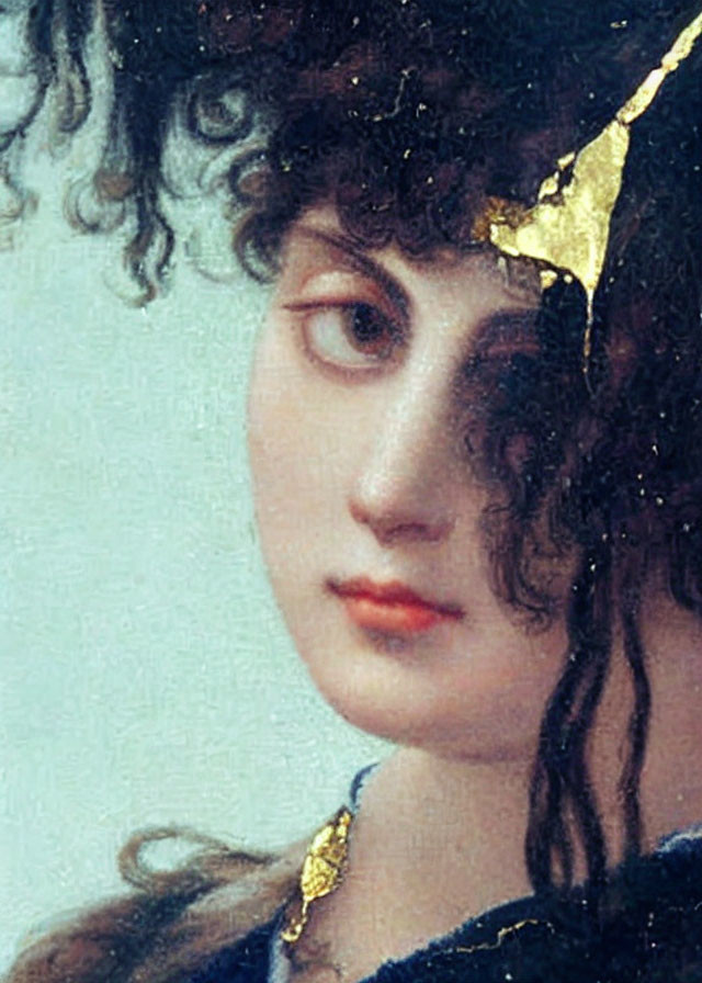 Portrait of Woman with Curly Dark Hair and Gold Headpiece