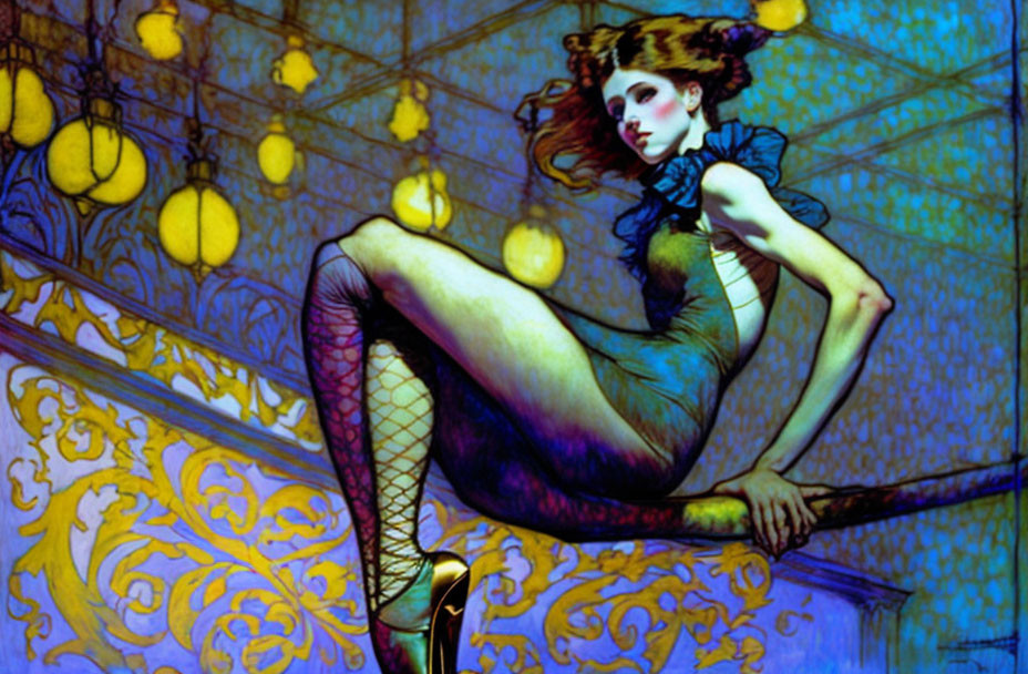 Stylized woman in blue dress with fishnet stockings in ornate room with lemons