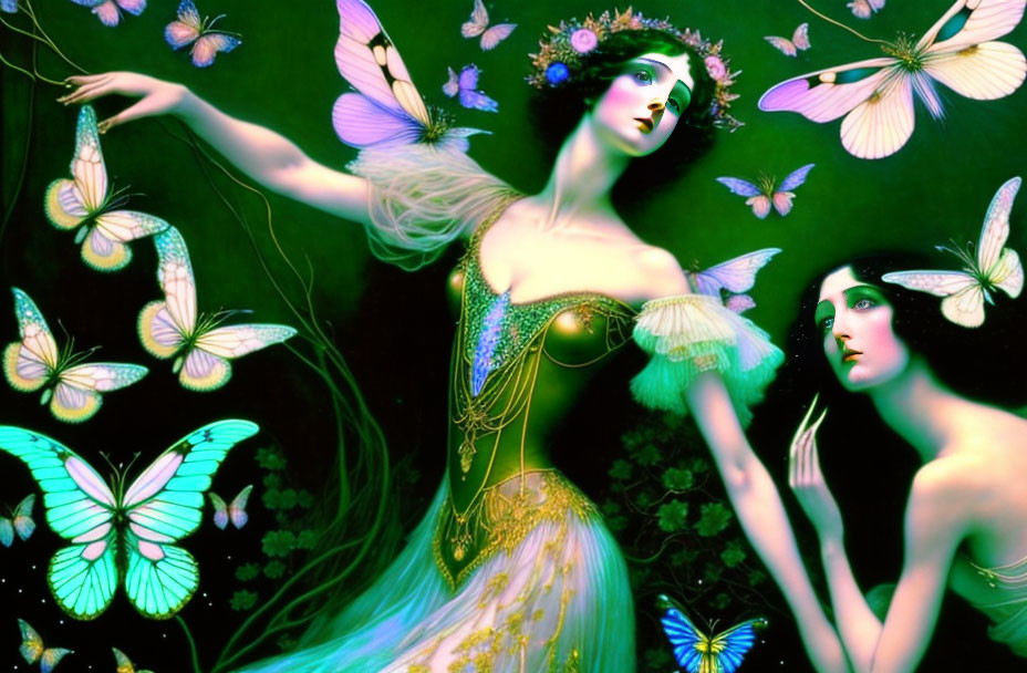 Two ethereal women with butterfly wings in vibrant green setting