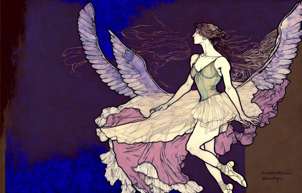 Angelic figure with wings in flowing dress on dark blue background