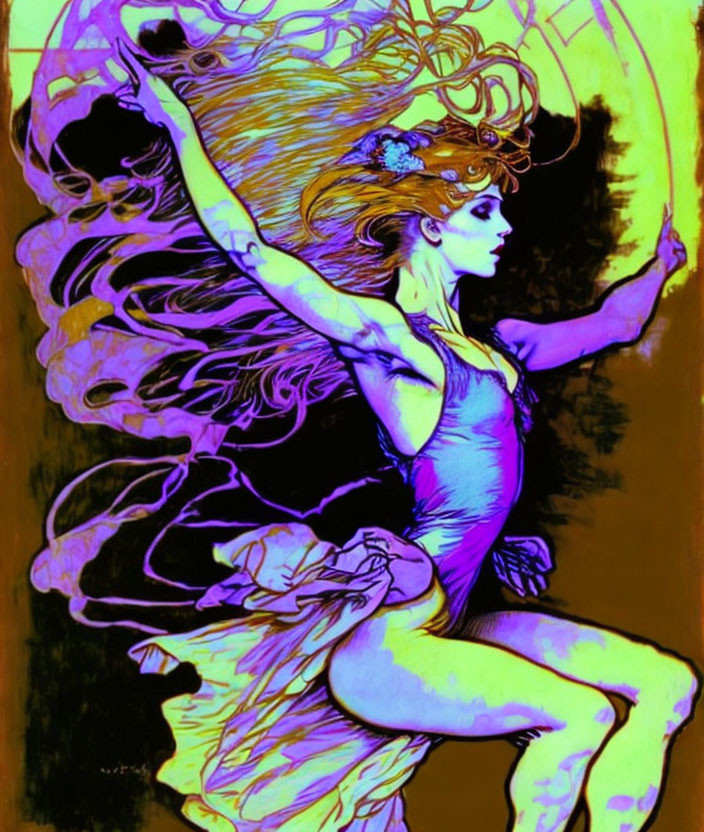 Art Nouveau illustration of woman with flowing hair and drapery in purple and yellow tones