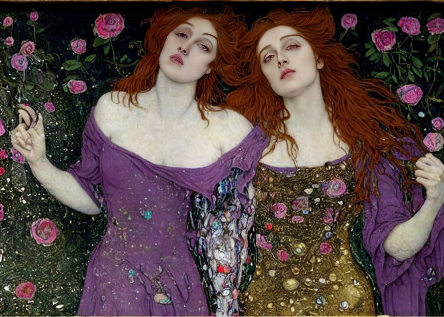 Two women with red hair in purple dresses among blooming roses