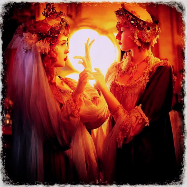 Two women in vintage costumes with ornate headdresses touching hands under warm light