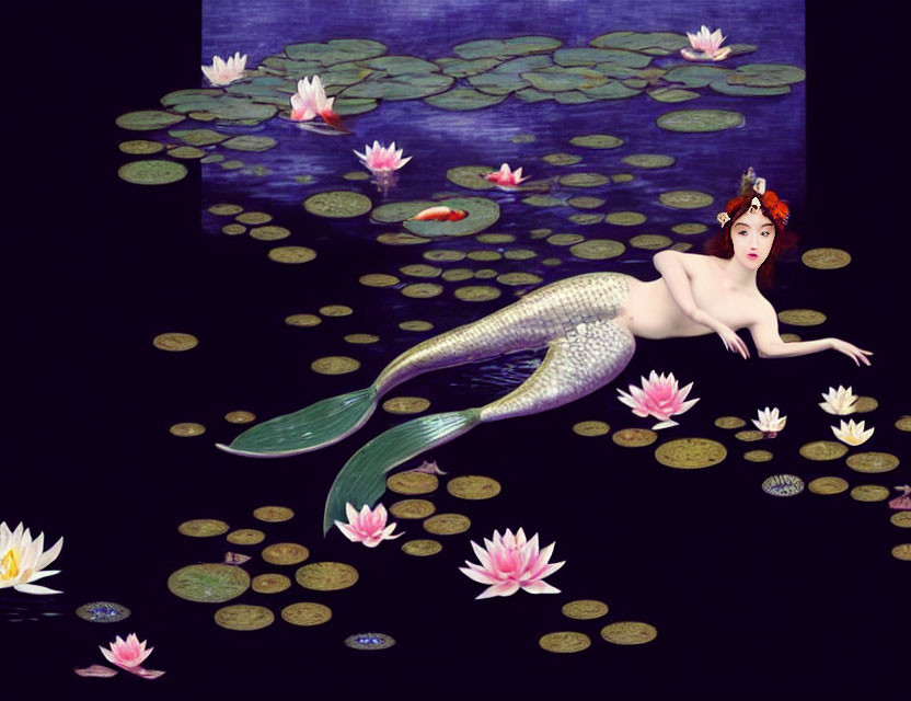 Mermaid illustration with white and green tail in pond with lily pads, lotus flowers, gold