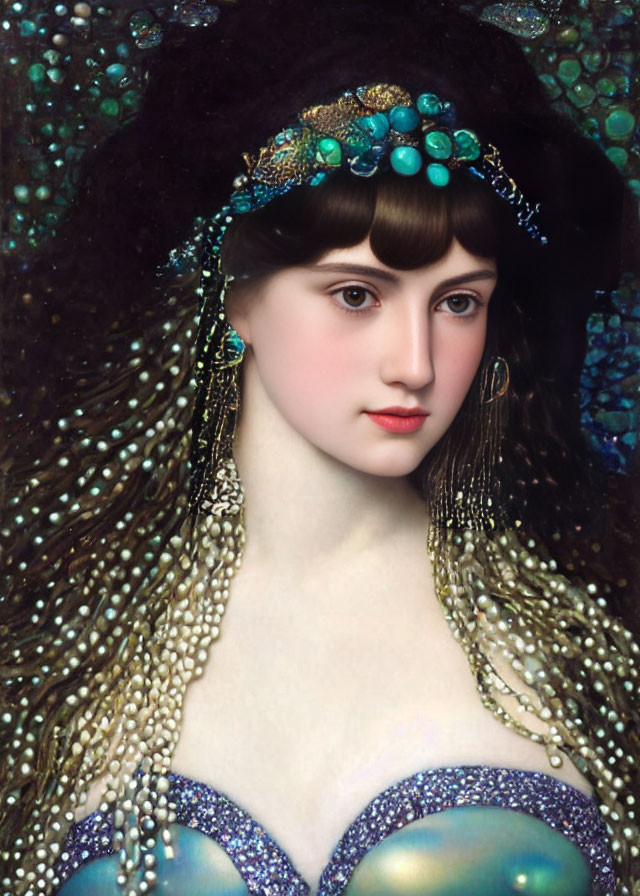 Portrait of woman with pale skin and dark hair wearing jeweled accessories on dark iridescent background