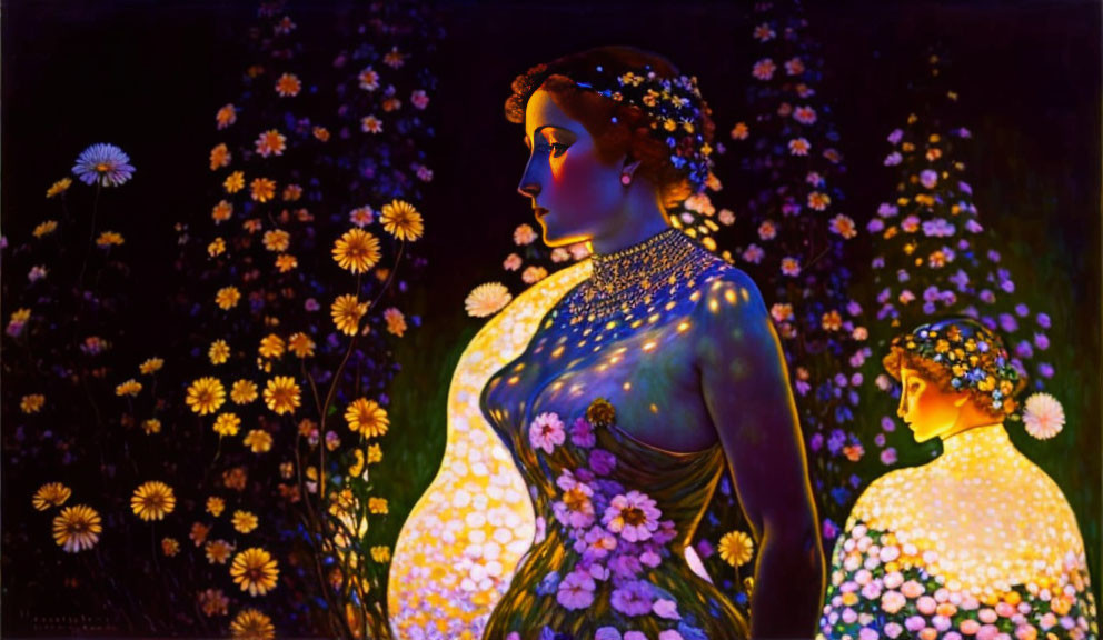 Glowing women with floral motifs on dark background & colorful flowers