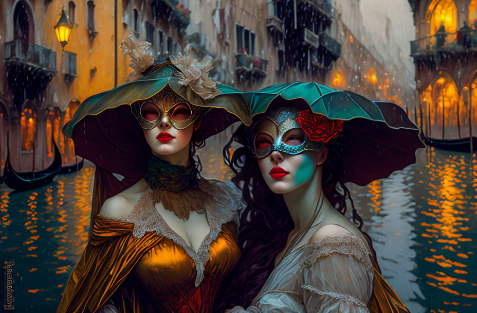 Two women in Venetian Carnival costumes by canal with gondola - evoking masquerade