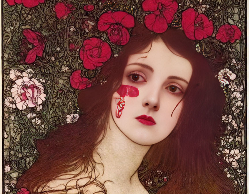 Stylized portrait of woman with flowing hair and red flowers on floral background