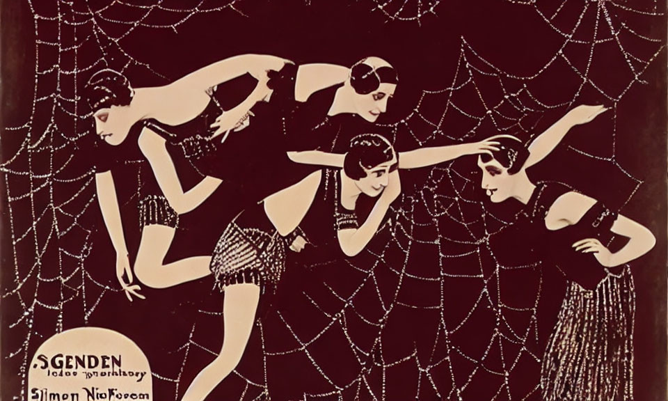 Vintage poster with five flapper dancers in cobweb setting