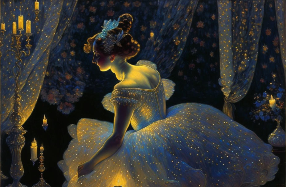 Woman in Sparkling Ball Gown Contemplates in Candlelit Room