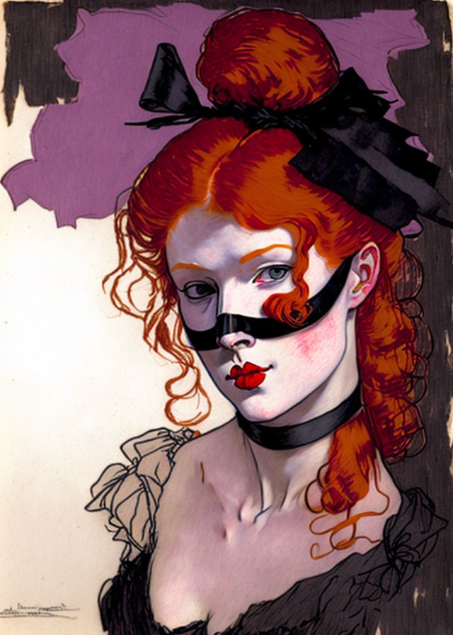 Red-haired woman with black mask and choker on purple background