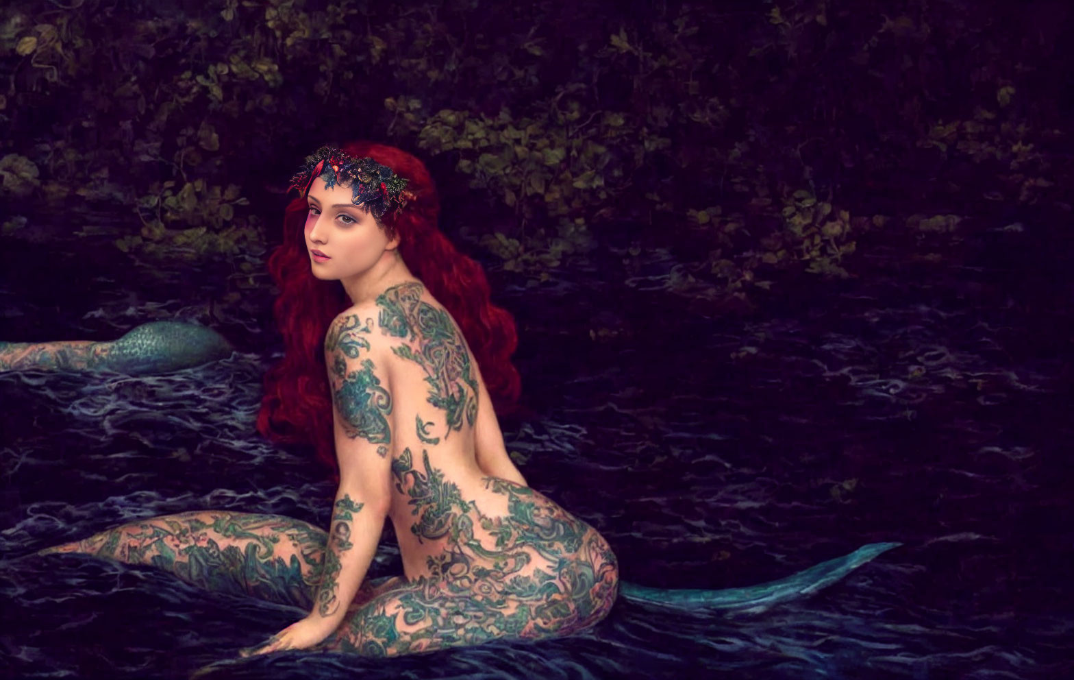 Red-haired mermaid with tattoos in dark waters, wearing jewel-encrusted headpiece