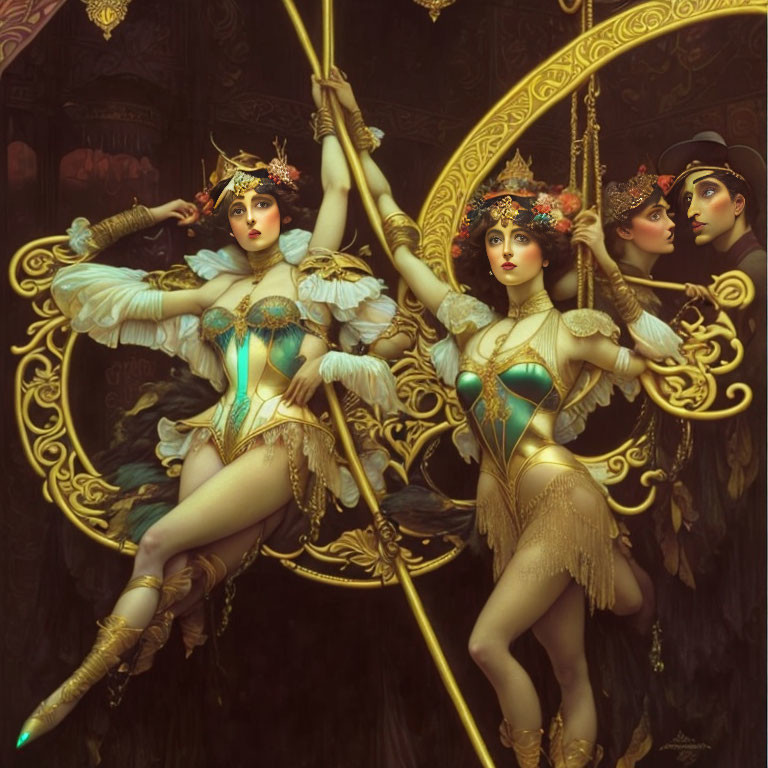 Four performers in ornate vintage circus attire with golden props on a dark, baroque backdrop