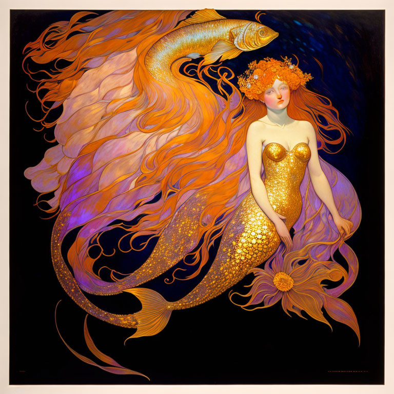 Colorful Mermaid Illustration with Golden Scales and Fiery Orange Hair