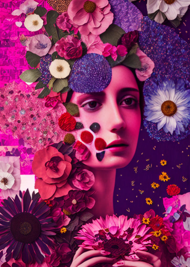 Person with vibrant flower patterns in surreal portrait