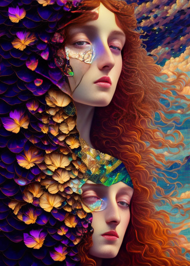 Surreal portrait of two women with red hair and flowers in dreamy setting