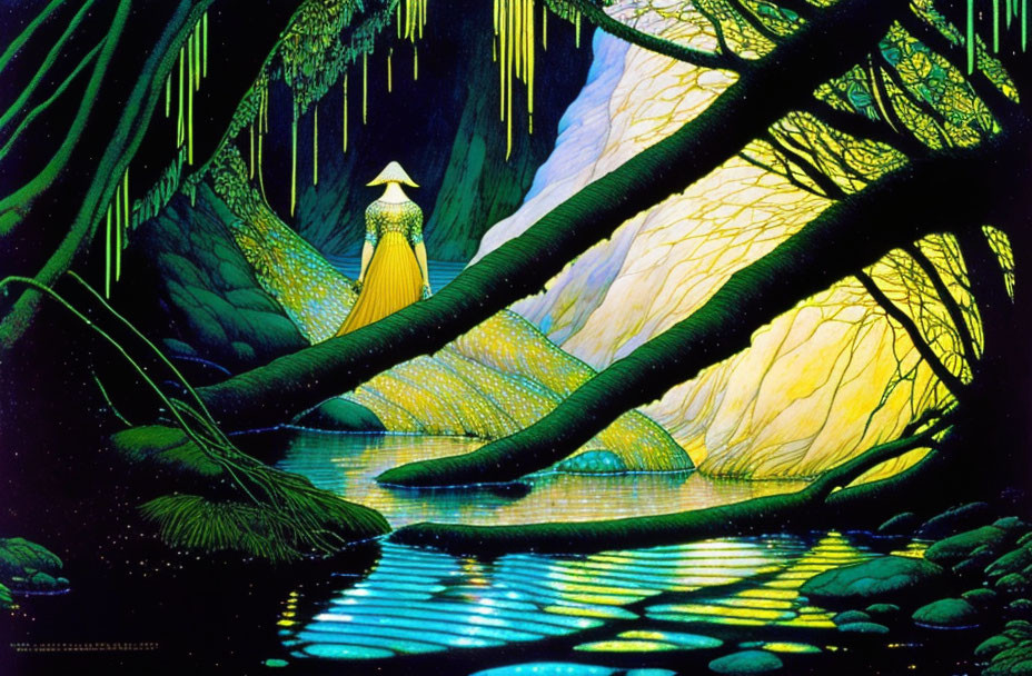 Mysterious figure in yellow cloak by moonlit river in lush forest