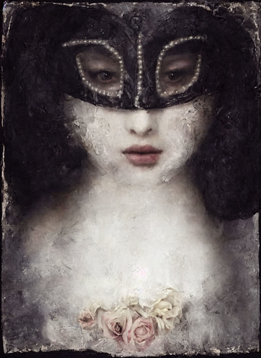 Enigmatic figure with black mask and roses on textured backdrop