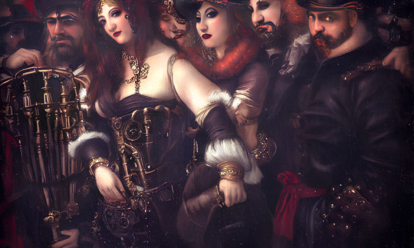 Detailed Renaissance-era group painting with rich costumes and expressive faces