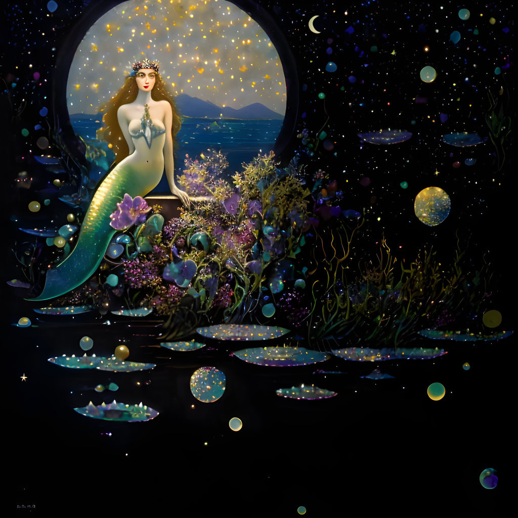 Mermaid with flowing hair in moonlit pond among flowers and marine plants