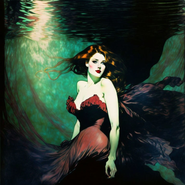 Stylized image: Woman with red lips and dark hair in green water wearing red & black dress