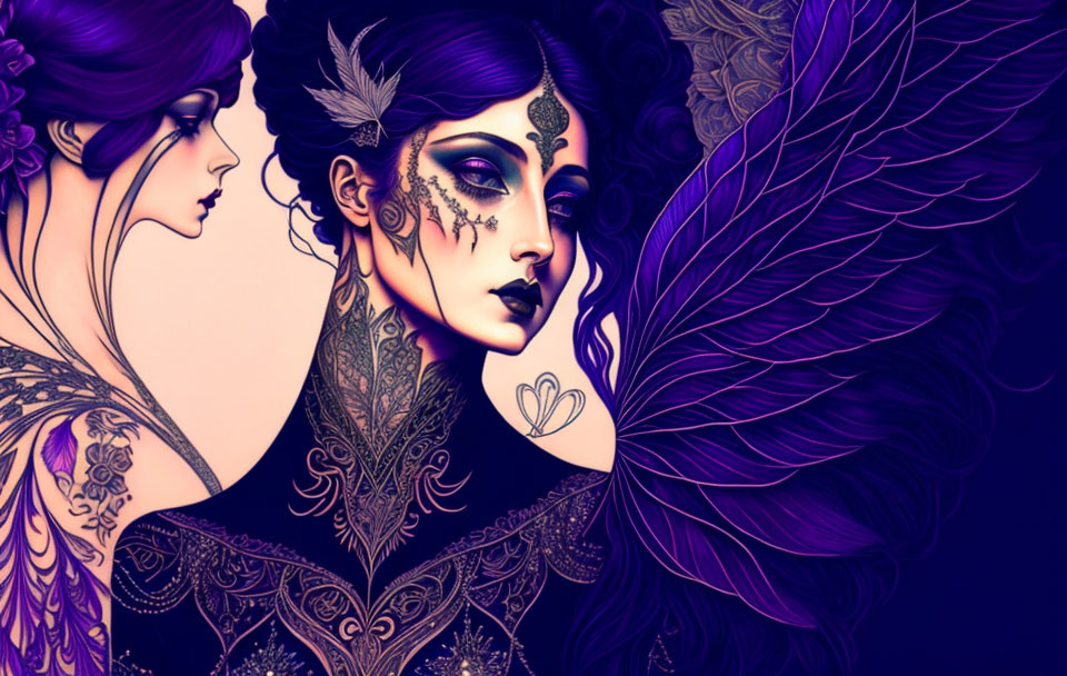 Stylized women with ornate detailing in purple color scheme, intricate tattoos, and feathered motif