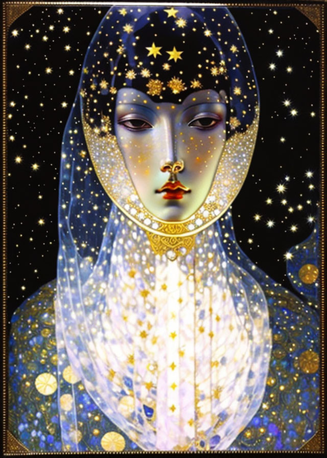 Veiled Figure Illustration with Celestial Motifs and Gold Accents