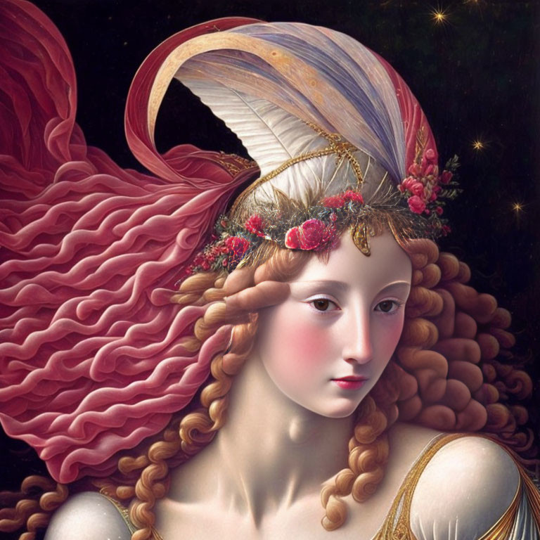 Woman with Golden Hair and Floral Headpiece on Starry Background