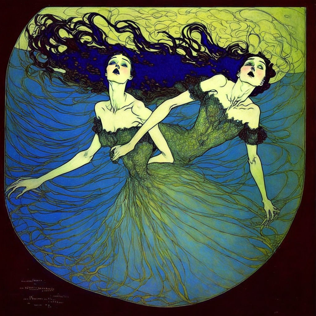 Ethereal female figures in blue and black dresses on golden backdrop