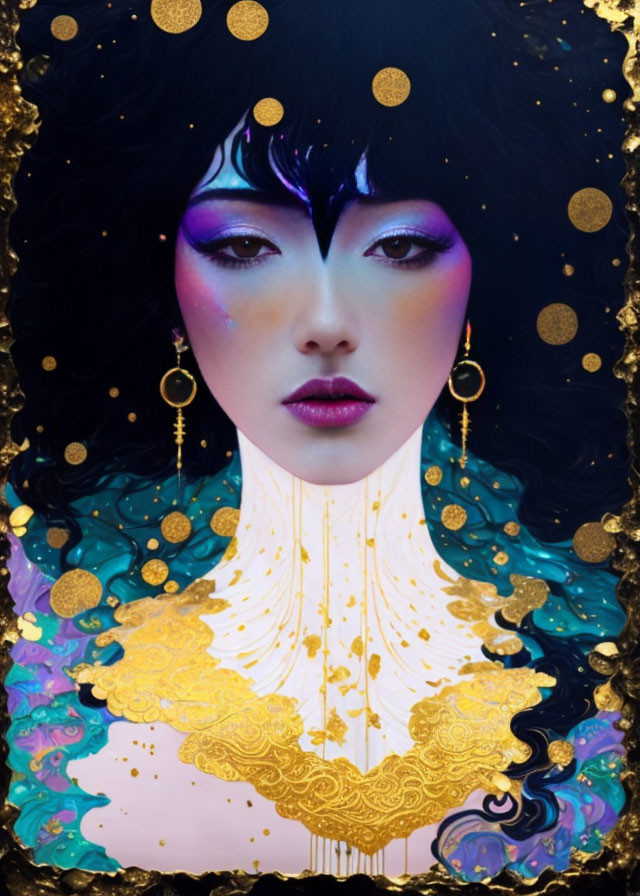 Stylized portrait of woman with vibrant makeup and gold jewelry on dark background