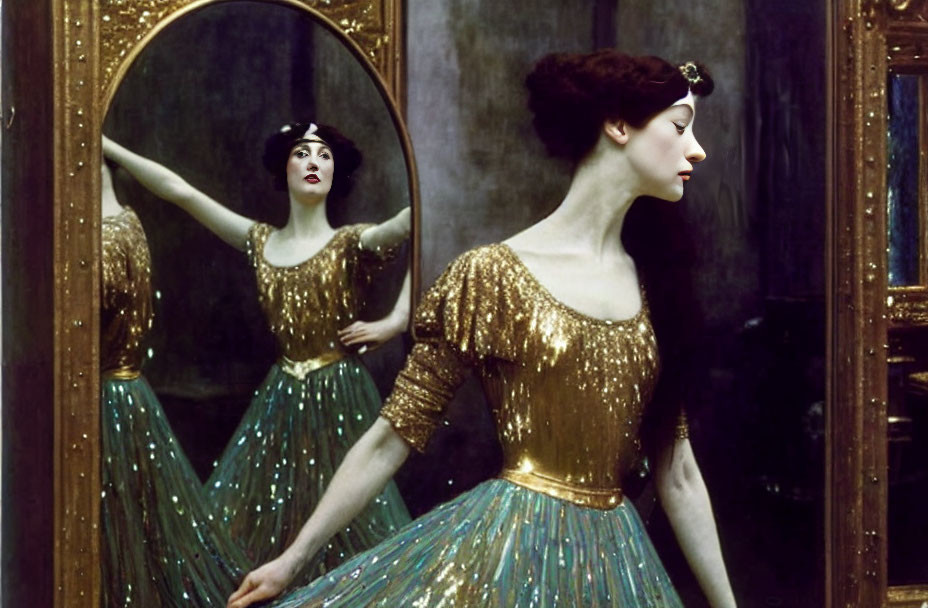 Vintage Gold and Turquoise Sequined Dress Reflection Portrait