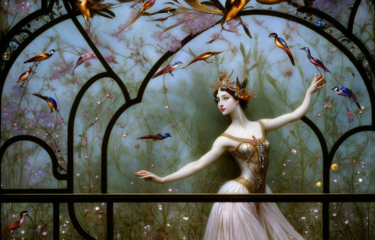 Ethereal woman with crown and birds in floral-patterned window