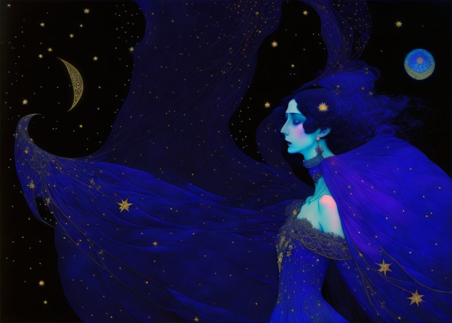 Blue-skinned woman in celestial gown under moonlit sky