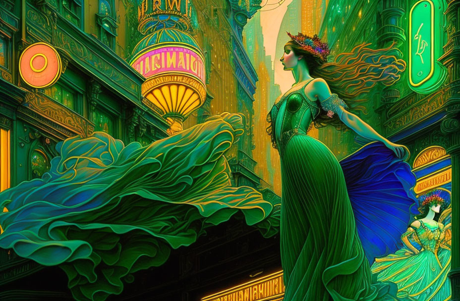 Woman in flowing dress blending with vibrant street neon signs