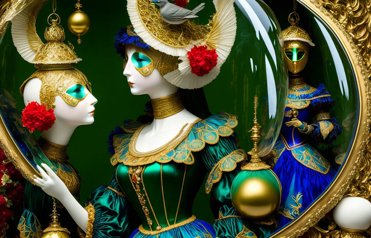 Mannequins in Venetian carnival costumes with colorful mirror reflection