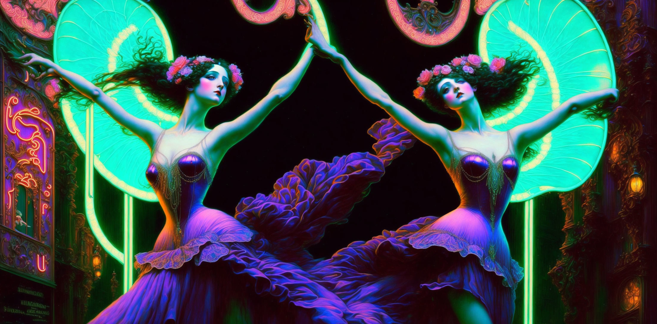 Symmetrical image of two women in butterfly costumes with neon outlines on dark background