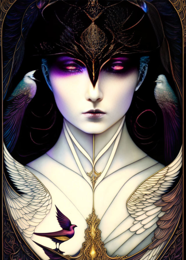 Fantasy figure with ornate bird-like mask and violet eyes in gold and white plumage.