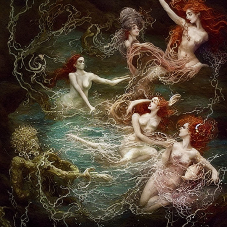 Four ethereal mermaids in mystical underwater ambiance